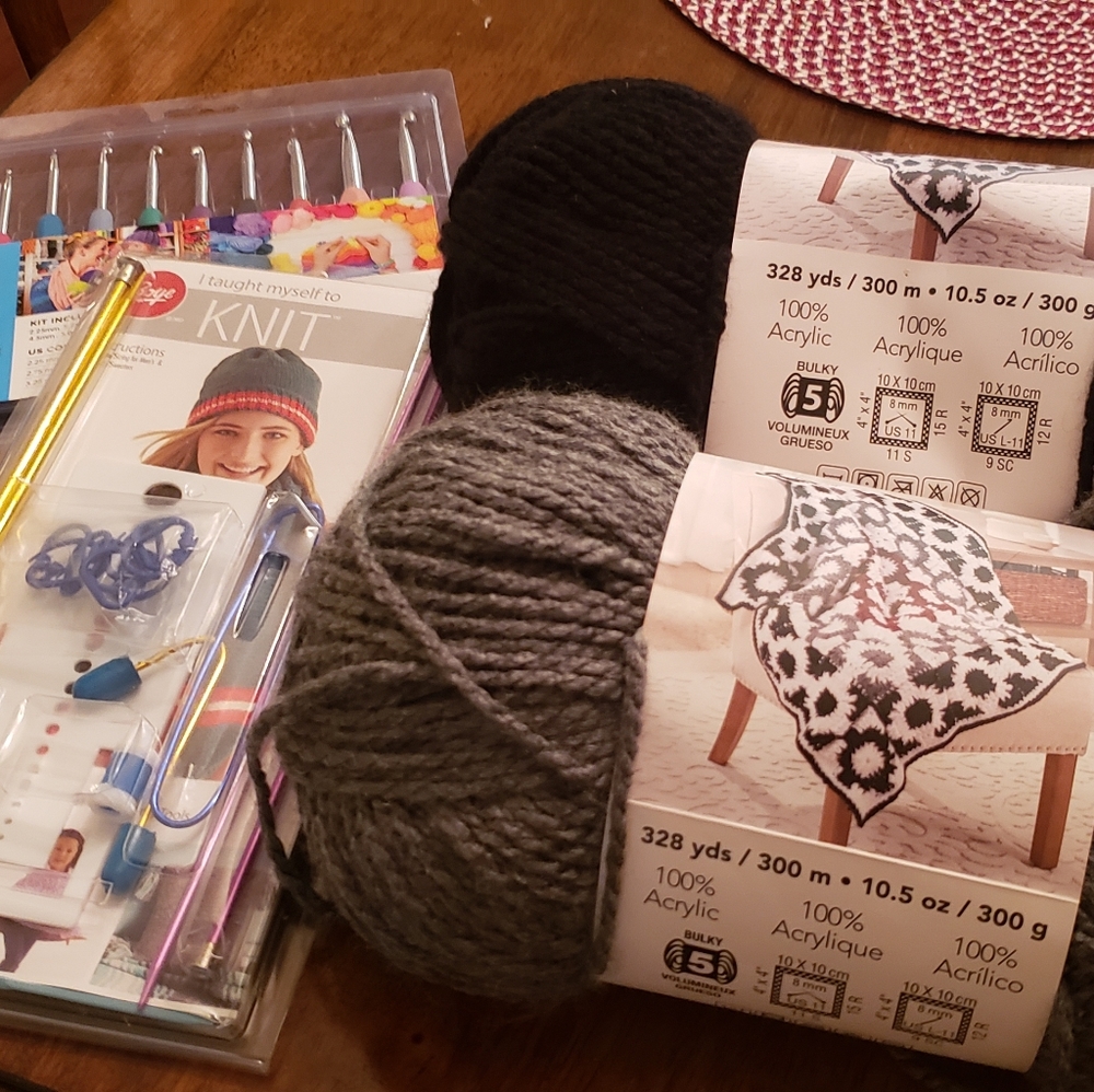Crochet hooks, knitting kit with book and yarn